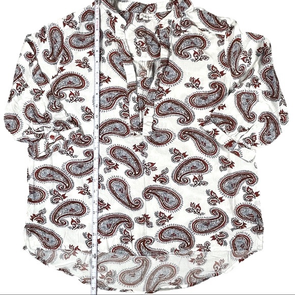 Antilia Femme size large cream red blue paisley 3/4 sleeve top deep Vneck EUC - Picture 11 of 13